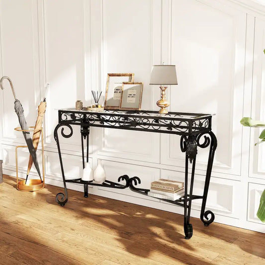 Modern Glass and Metal Console Table for Entryway with Storage and Easy Assembly