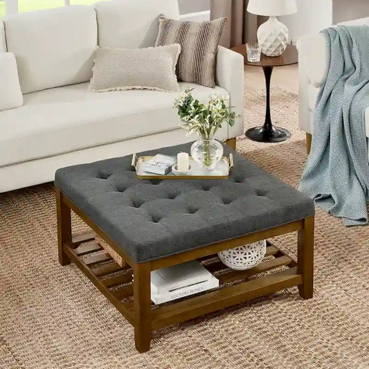 Upholstered Coffee Table Tufted Linen Large Square Ottoman with Beech Wood Shelf and Frame,Oversized Footrest Ottoman