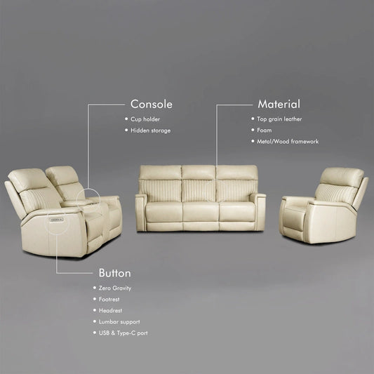 3-Piece Leather Zero Gravity Power Reclining Sofa Set with Power Headrest and Power Lumbar,USB&USB-C Port