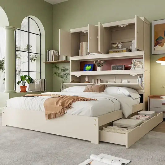 Wooden Platform Storage Bed Full Size Bed Frame with Storage Headboard