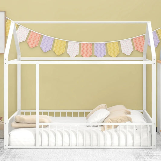 Full Size Metal Bed House Bed Frame with Fence, for Kids, Teens, Girls, Boys