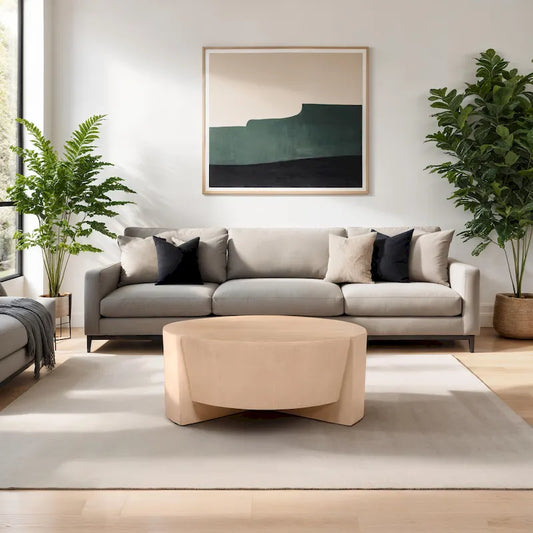 Joana Coffee Table, 35 Inch Round Drum Shape with 3 Legs, Sandblasted Natural Brown Mango Wood