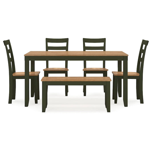 Gasy Dining Table Set with 4 Chairs, 1 Bench, Dark Green Wood, Brown