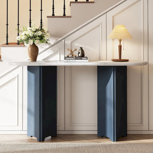 Oval Faux Marble Top Console Table Entryway Table, Narrow Sofa Table Hallway Accent Table with Triangular Base