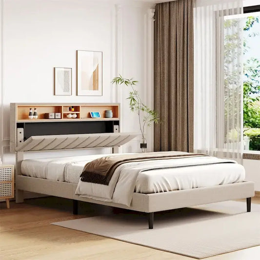 Merax Upholstered Platform Bed with Storage Headboard and USB Port