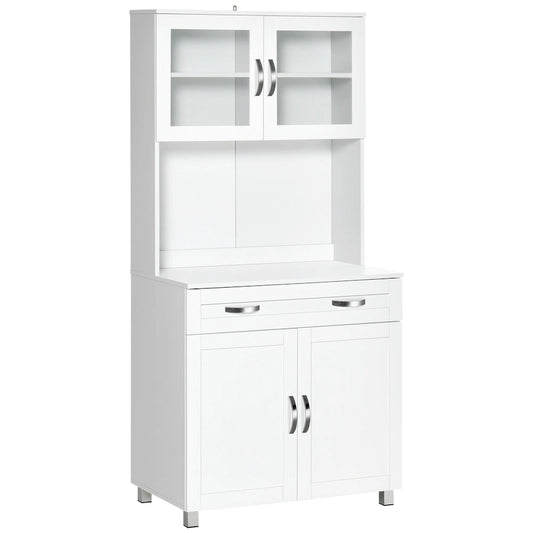 HOMCOM Modern Kitchen Pantry with Buffet Cabinet, Cupboard with Framed Glass Doors and Shelves, White