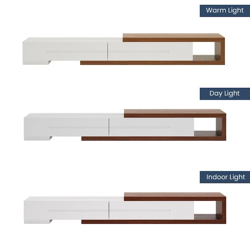 Modern Extendable White TV Stand, Solid Wood Media Console for Up to 100 Inch TV with 3 Drawers, Fully-Assembled, Walnut Veneer