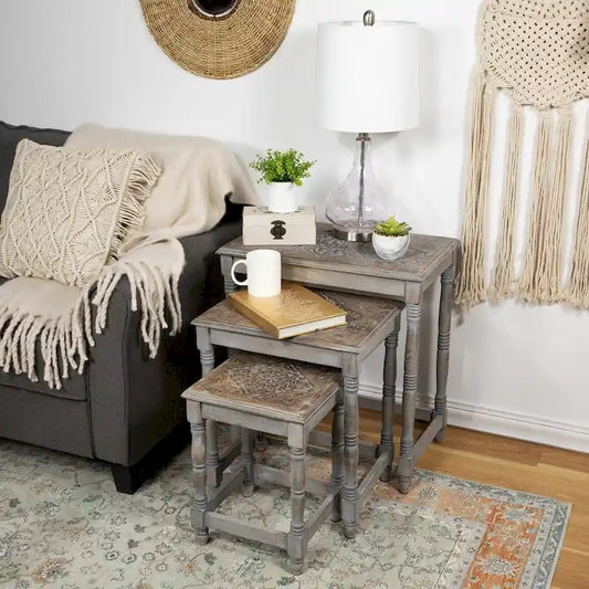 Set of 3 Matte Gray Etched Stackable Nesting Side Tables 24