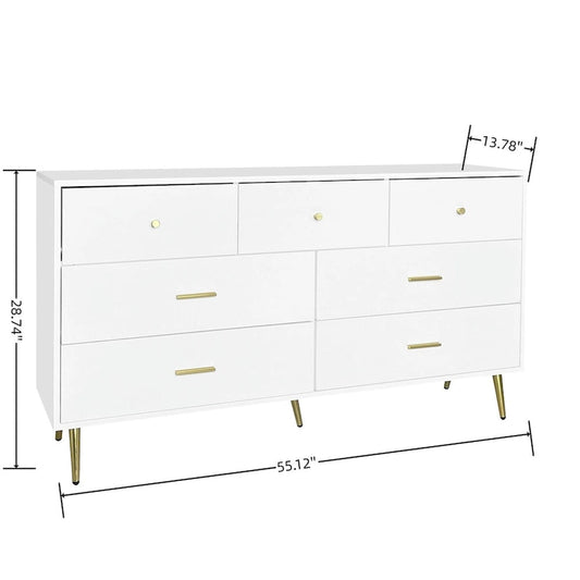 Seven-Drawer Large Chest of Drawers Cabinet with Golden Handles and Legs