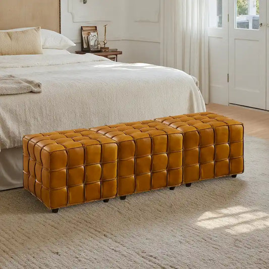 Art Leon Top Grain Leather Square Pouf Ottoman