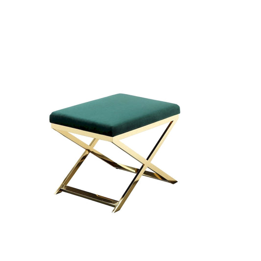 Sovi 24 Inch Accent Stool Ottoman Bench, Plush Green Velvet, Gold X Base