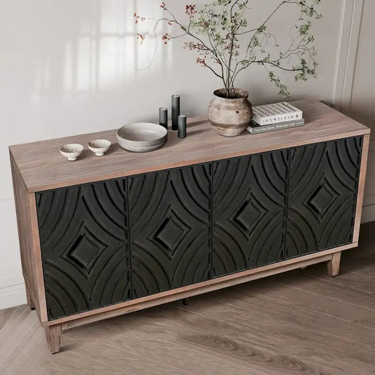 Sideboard Buffet Cabinet Kitchen Storage Cabinet Credenza with 4 Convex Pattern Diamond Doors and 2 Shelves Accent Console Table