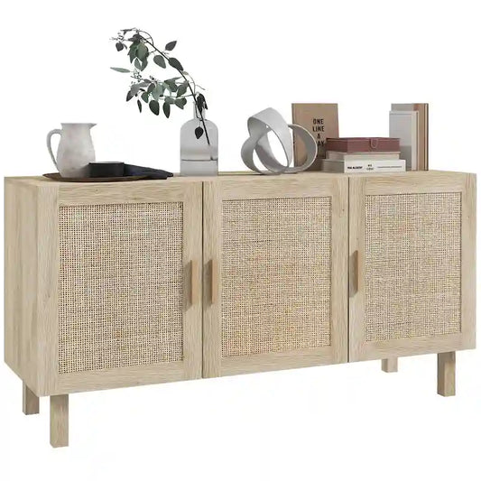 Sideboard Buffet Cabinet, Kitchen Cabinet, Coffee Bar Cabinet with 3 Rattan Doors and Adjustable Shelves, Natural Mixed