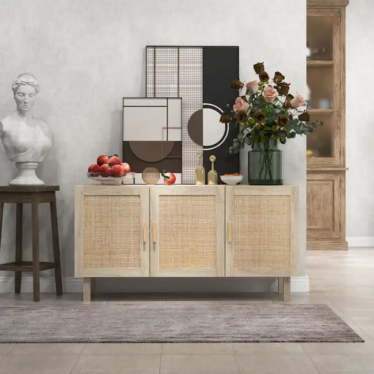 Sideboard Buffet Cabinet, Kitchen Cabinet, Coffee Bar Cabinet with 3 Rattan Doors and Adjustable Shelves, Natural Mixed