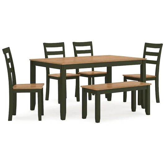 Gasy Dining Table Set with 4 Chairs, 1 Bench, Dark Green Wood, Brown