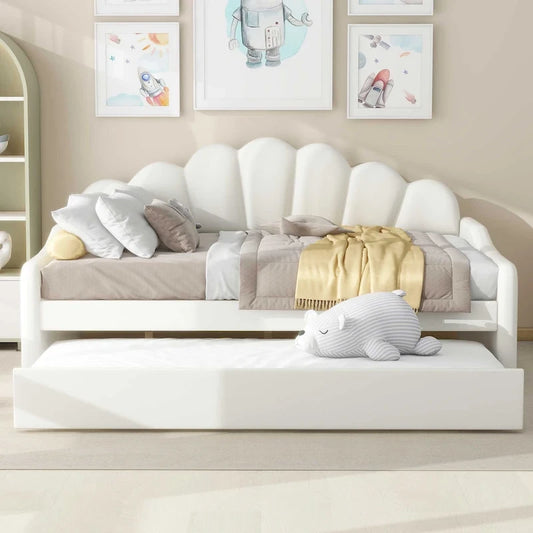White Full Size Upholstery Daybed with Shall Shaped Backrest and Trundle for Bedroom
