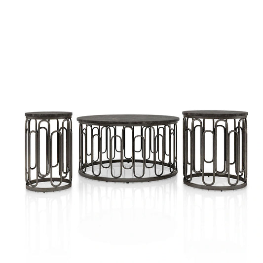 Lars Modern 3-Piece Round Table Set with Marble Top, Sturdy Decorative Metal Base by Furniture of America