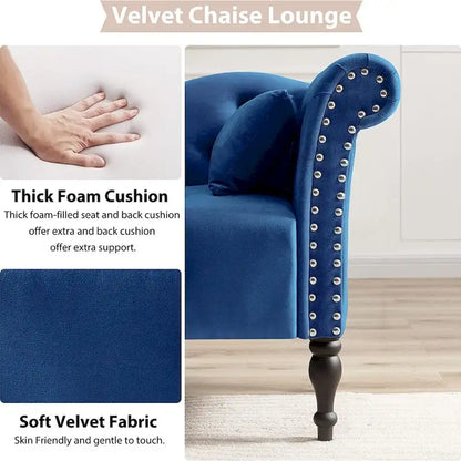 61 Velvet Chaise Lounge Chair with 1 Pillow and Nailhead Trimmed