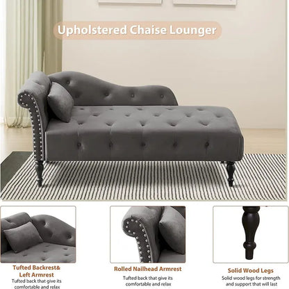 61 Velvet Chaise Lounge Chair with 1 Pillow and Nailhead Trimmed