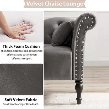 61 Velvet Chaise Lounge Chair with 1 Pillow and Nailhead Trimmed