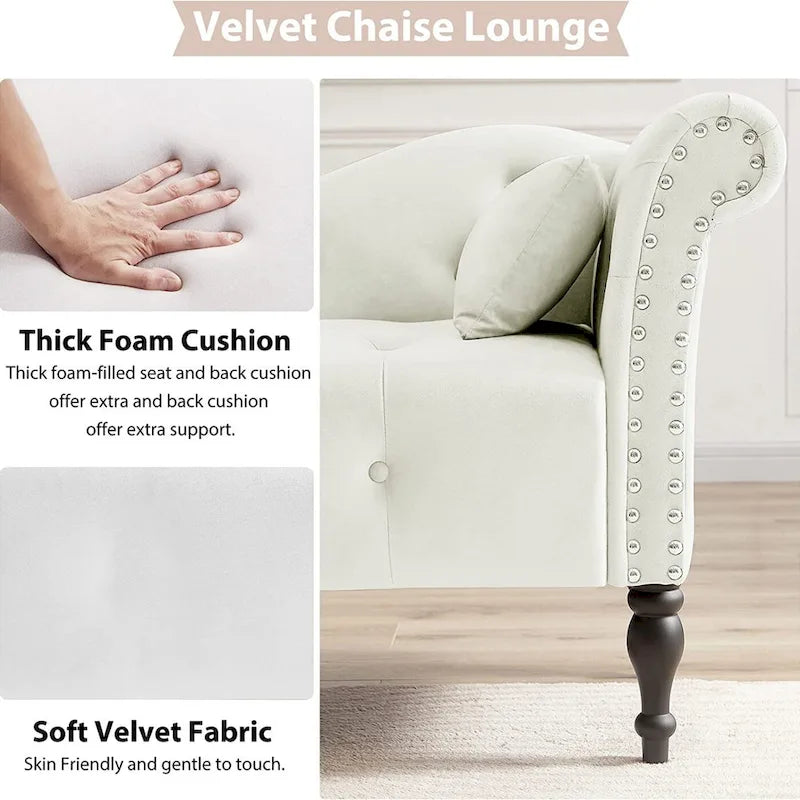 61 Velvet Chaise Lounge Chair with 1 Pillow and Nailhead Trimmed
