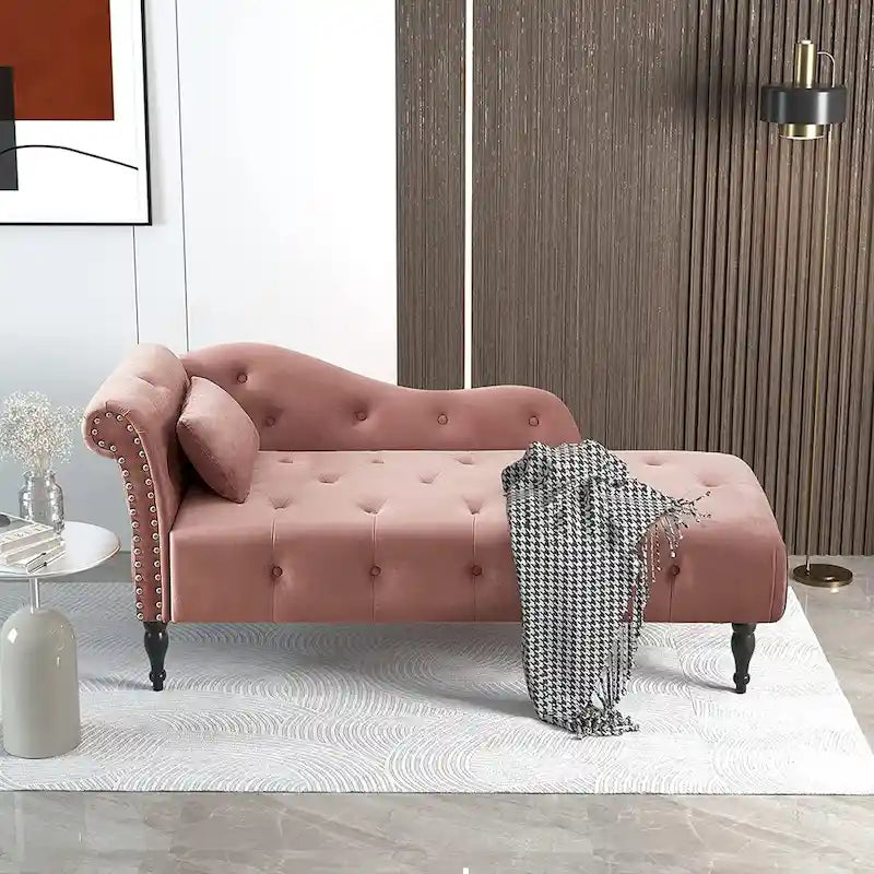 61 Velvet Chaise Lounge Chair with 1 Pillow and Nailhead Trimmed