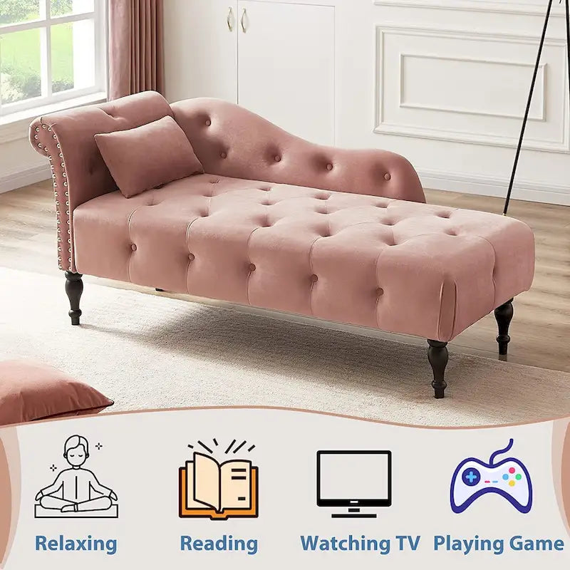 61 Velvet Chaise Lounge Chair with 1 Pillow and Nailhead Trimmed