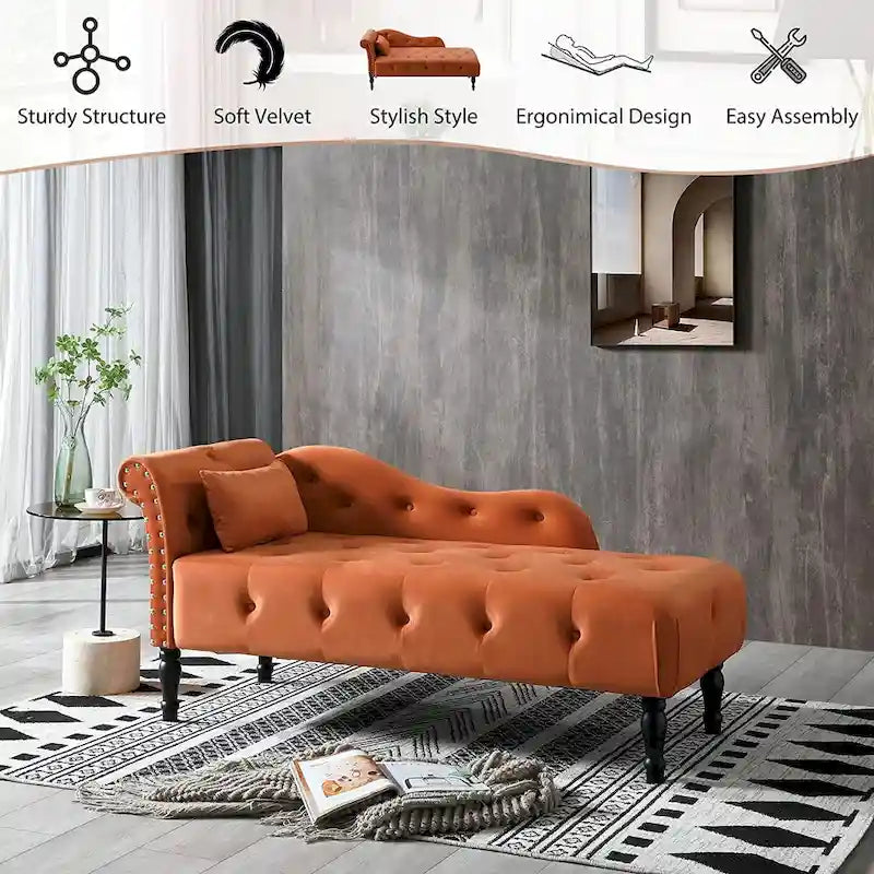 61 Velvet Chaise Lounge Chair with 1 Pillow and Nailhead Trimmed