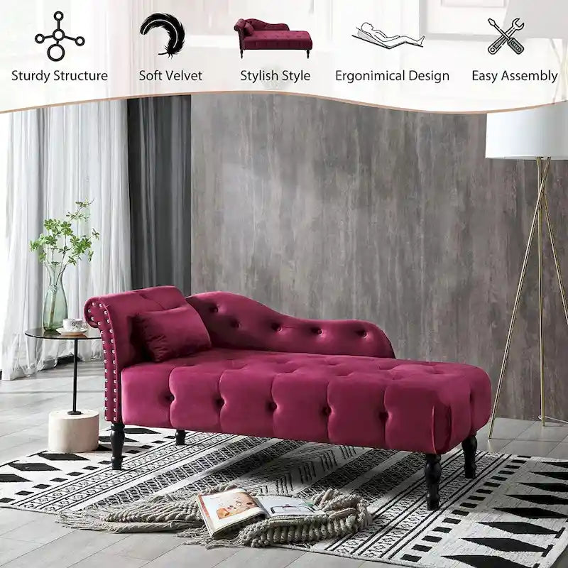 61 Velvet Chaise Lounge Chair with 1 Pillow and Nailhead Trimmed