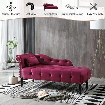 61 Velvet Chaise Lounge Chair with 1 Pillow and Nailhead Trimmed