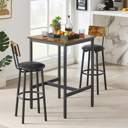 Mieres Industrial Style Rustic Farmhouse 3 Pieces Dining Table Set, Bar Table Set with 2 Bar Stools for Kitchen, Dining Room