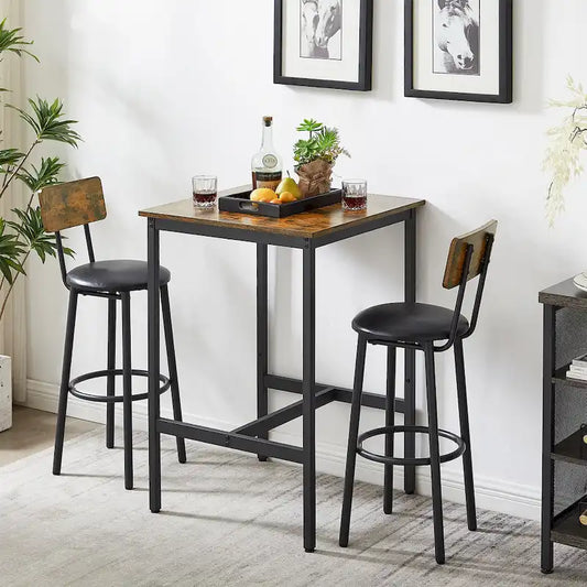 Mieres Industrial Style Rustic Farmhouse 3 Pieces Dining Table Set, Bar Table Set with 2 Bar Stools for Kitchen, Dining Room