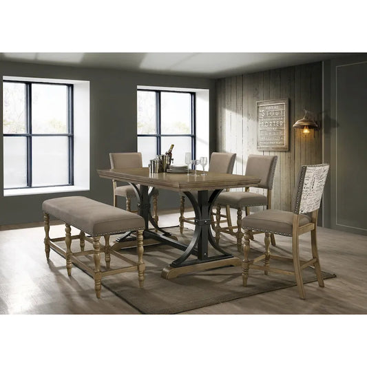 Roundhill Furniture Birmingham 6-piece Driftwood Finish Table with Nail Head Chairs Counter Height Dining Set