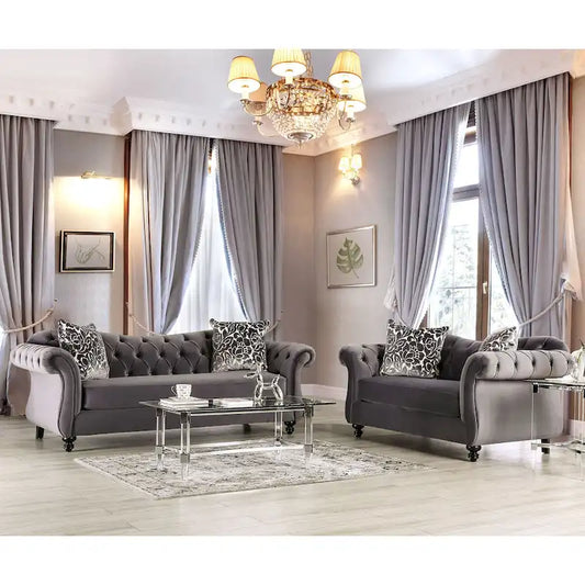 Addae Glam Grey Velvet Fabric Upholstered Button Tufted Sofa by Furniture of America