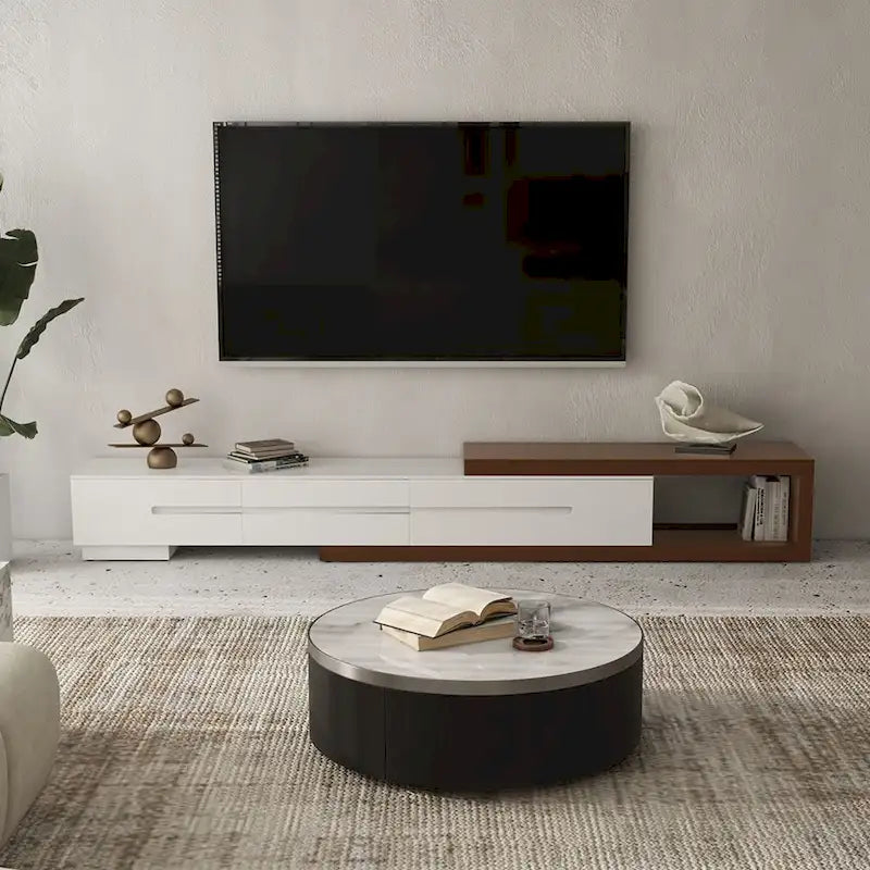 Modern Extendable White TV Stand, Solid Wood Media Console for Up to 100 Inch TV with 3 Drawers, Fully-Assembled, Walnut Veneer