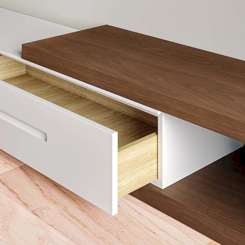 Modern Extendable White TV Stand, Solid Wood Media Console for Up to 100 Inch TV with 3 Drawers, Fully-Assembled, Walnut Veneer