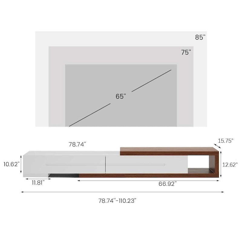 Modern Extendable White TV Stand, Solid Wood Media Console for Up to 100 Inch TV with 3 Drawers, Fully-Assembled, Walnut Veneer