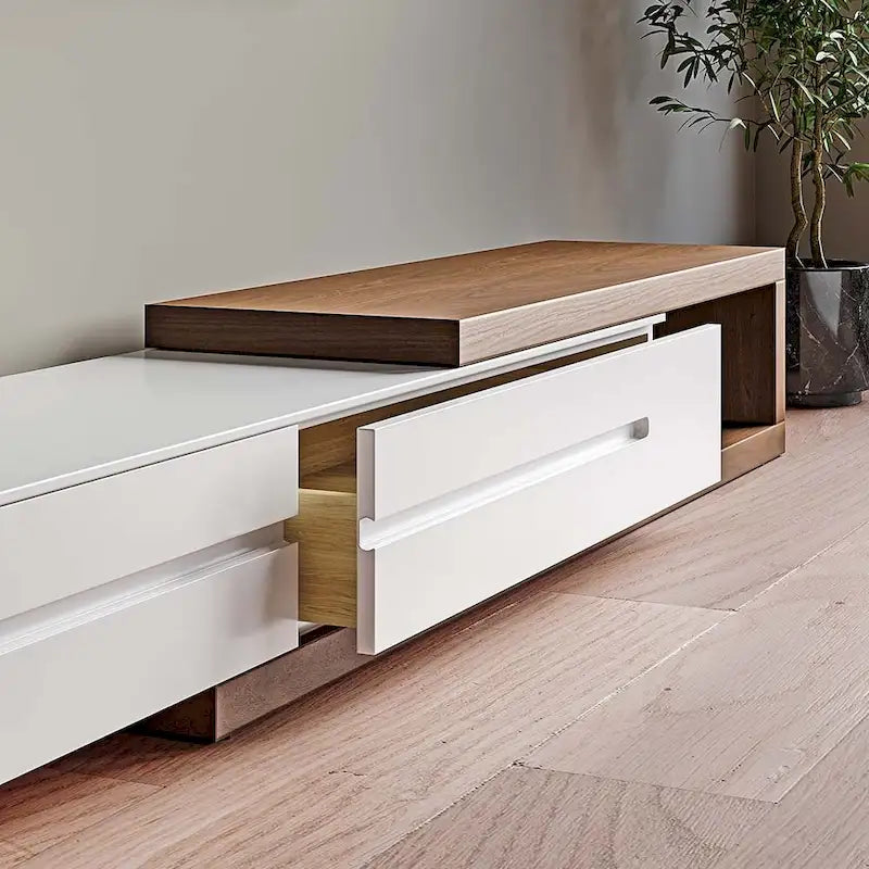 Modern Extendable White TV Stand, Solid Wood Media Console for Up to 100 Inch TV with 3 Drawers, Fully-Assembled, Walnut Veneer