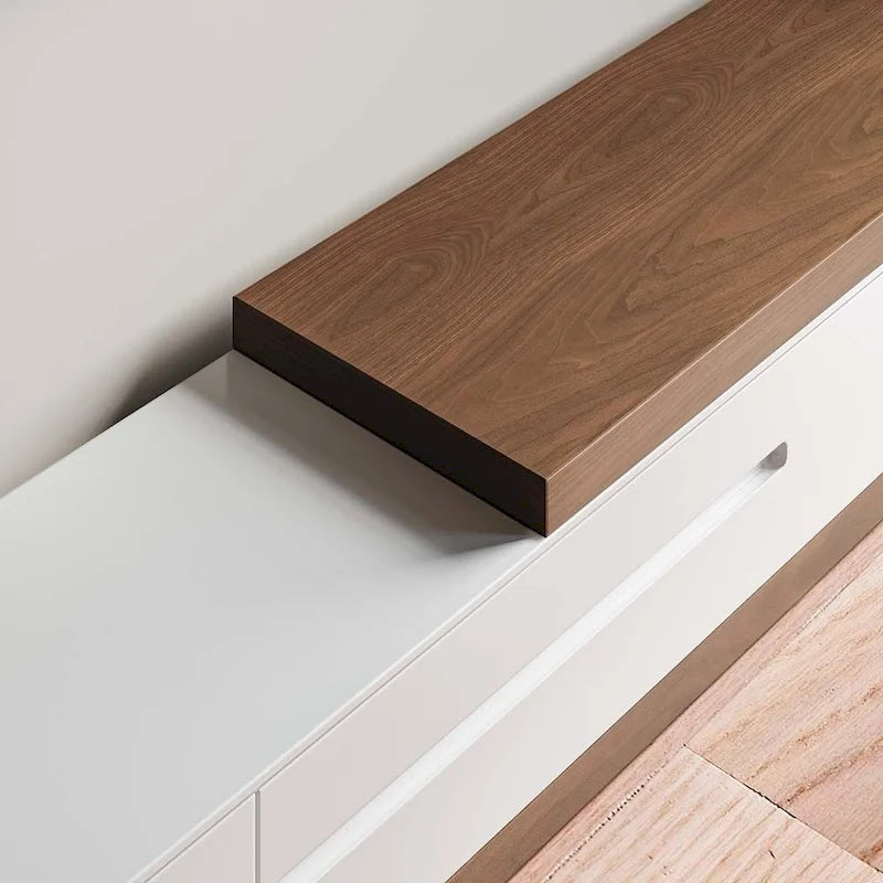 Modern Extendable White TV Stand, Solid Wood Media Console for Up to 100 Inch TV with 3 Drawers, Fully-Assembled, Walnut Veneer