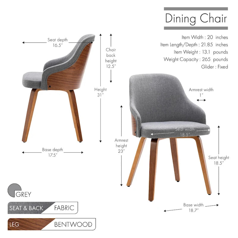 Porthos Home Hye Dining Chairs Set of 2, Fabric Upholstery, Bentwood Legs