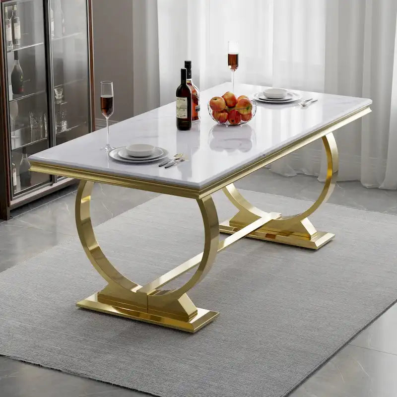 Luxury Dining Table with Polished Metal Circle Base - 72 Inch