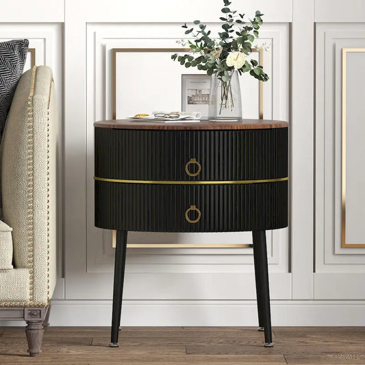 Myhozm Round End Table with Storage, Barrel-Shaped Nightstand for Living Room, Bedroom