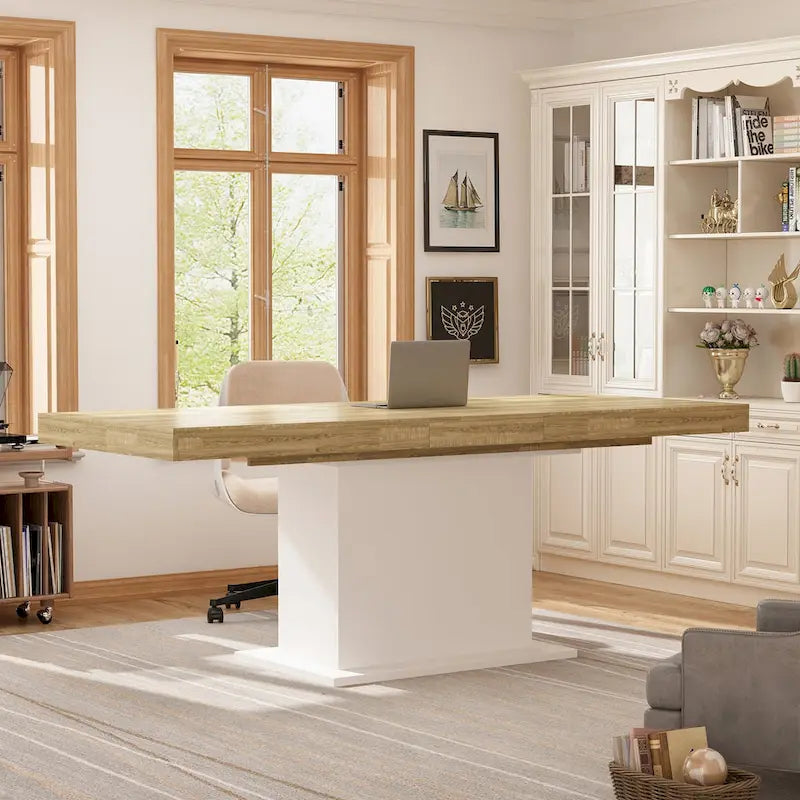 Extendable Dining Room Table Wood Finish Top Computer(Black/White)