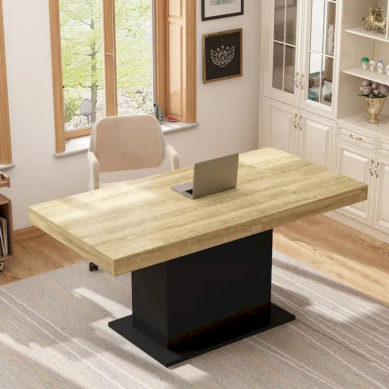 Extendable Dining Room Table Wood Finish Top Computer(Black/White)