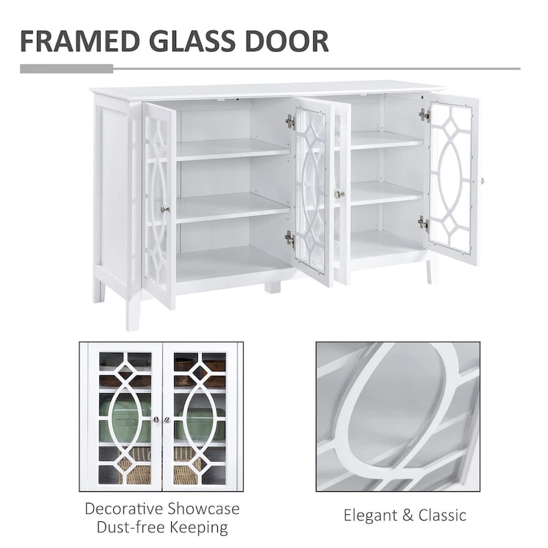 HOMCOM Wood Accent Sideboard Buffet Serving Storage Cabinet with 4 Framed Glass Doors, Adjustable Shelves - 54W x 15.5D x 32H