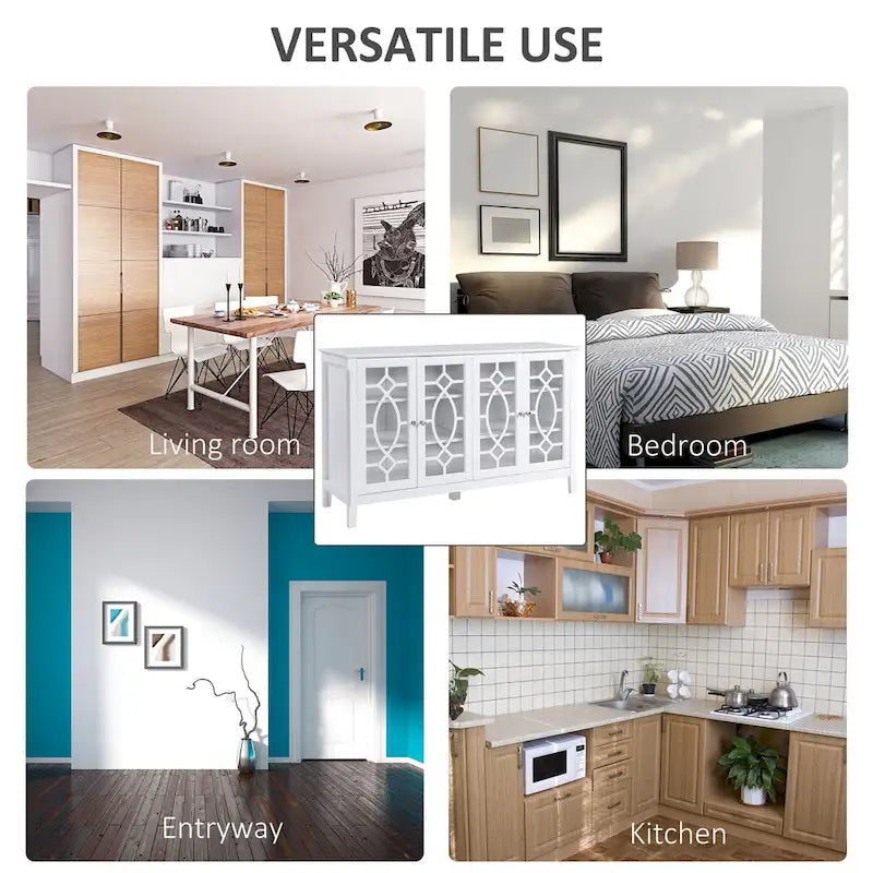 HOMCOM Wood Accent Sideboard Buffet Serving Storage Cabinet with 4 Framed Glass Doors, Adjustable Shelves - 54W x 15.5D x 32H