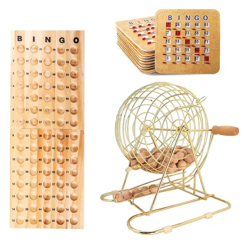 GSE Shutter Bingo Game Set for Large Groups. Large Brass Bingo Cage & Board, 7/8 Wooden Bingo Balls, 10 Shutter Bingo Cards