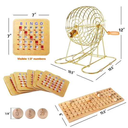 GSE Shutter Bingo Game Set for Large Groups. Large Brass Bingo Cage & Board, 7/8 Wooden Bingo Balls, 10 Shutter Bingo Cards