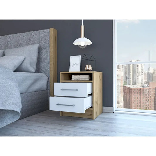 TUHOME Eter 2-Drawer Nightstand End Table with Metal Handles and Open Shelf