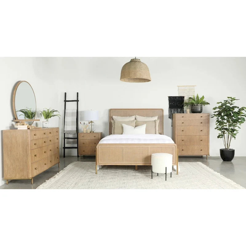 Stevie Sand Wash and Natural Cane Upholstered Panel Bed